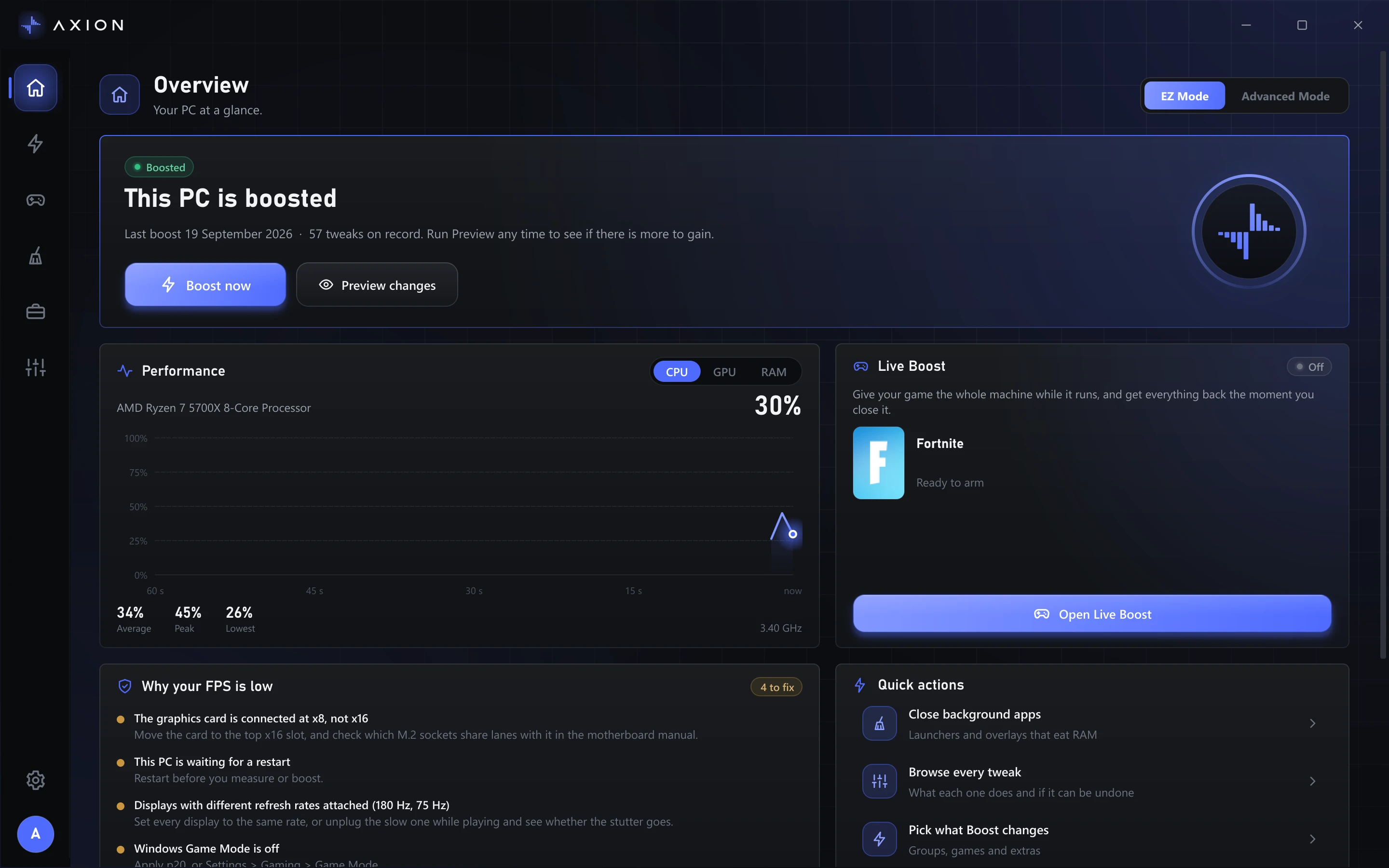 Axion's overview screen with live usage, the Boost button and Live Boost.