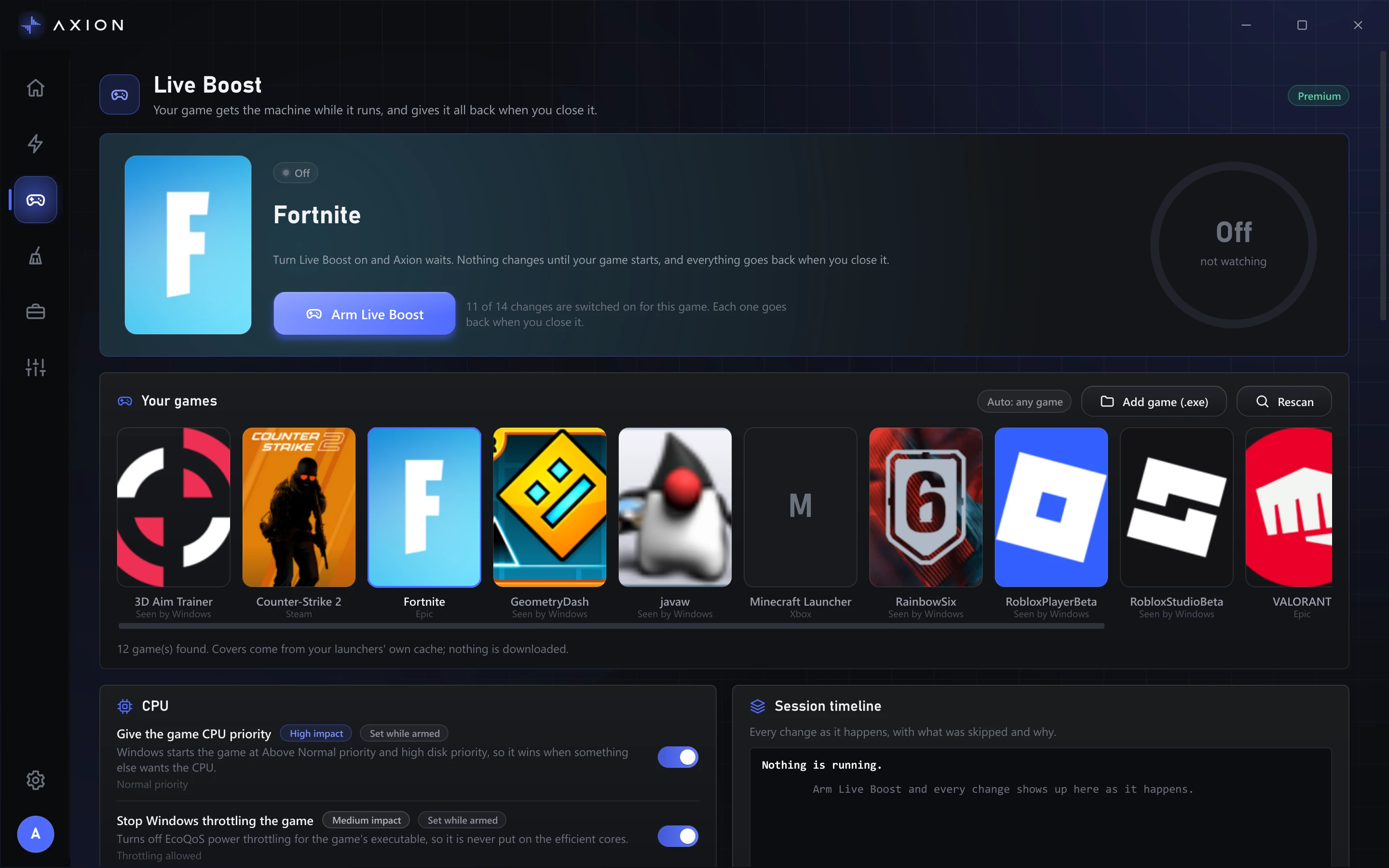 Axion's Live Boost screen with the game it found, the Arm Live Boost button and the session timeline.