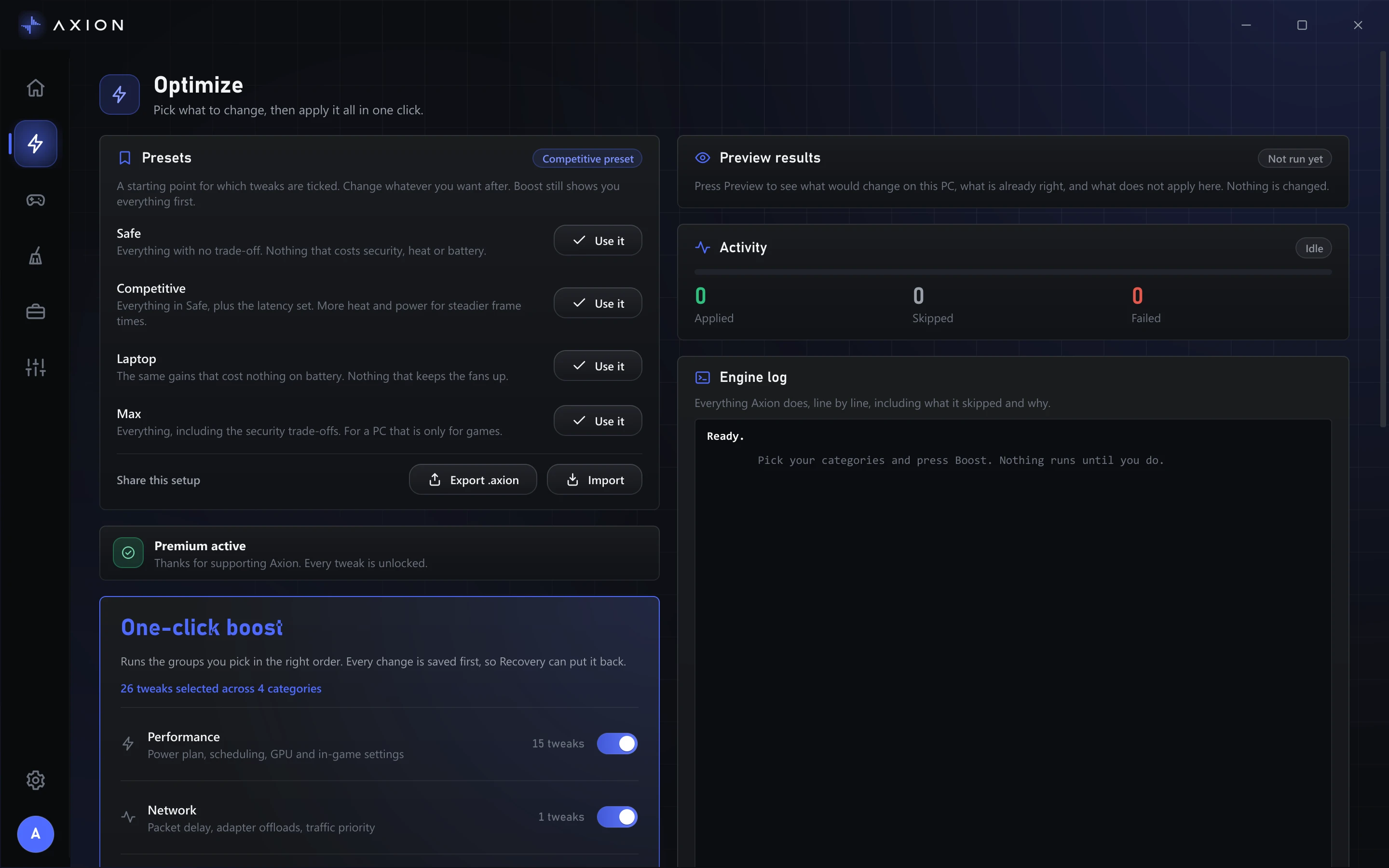 Axion's optimize screen with tweak groups, the preview results and the Boost button.