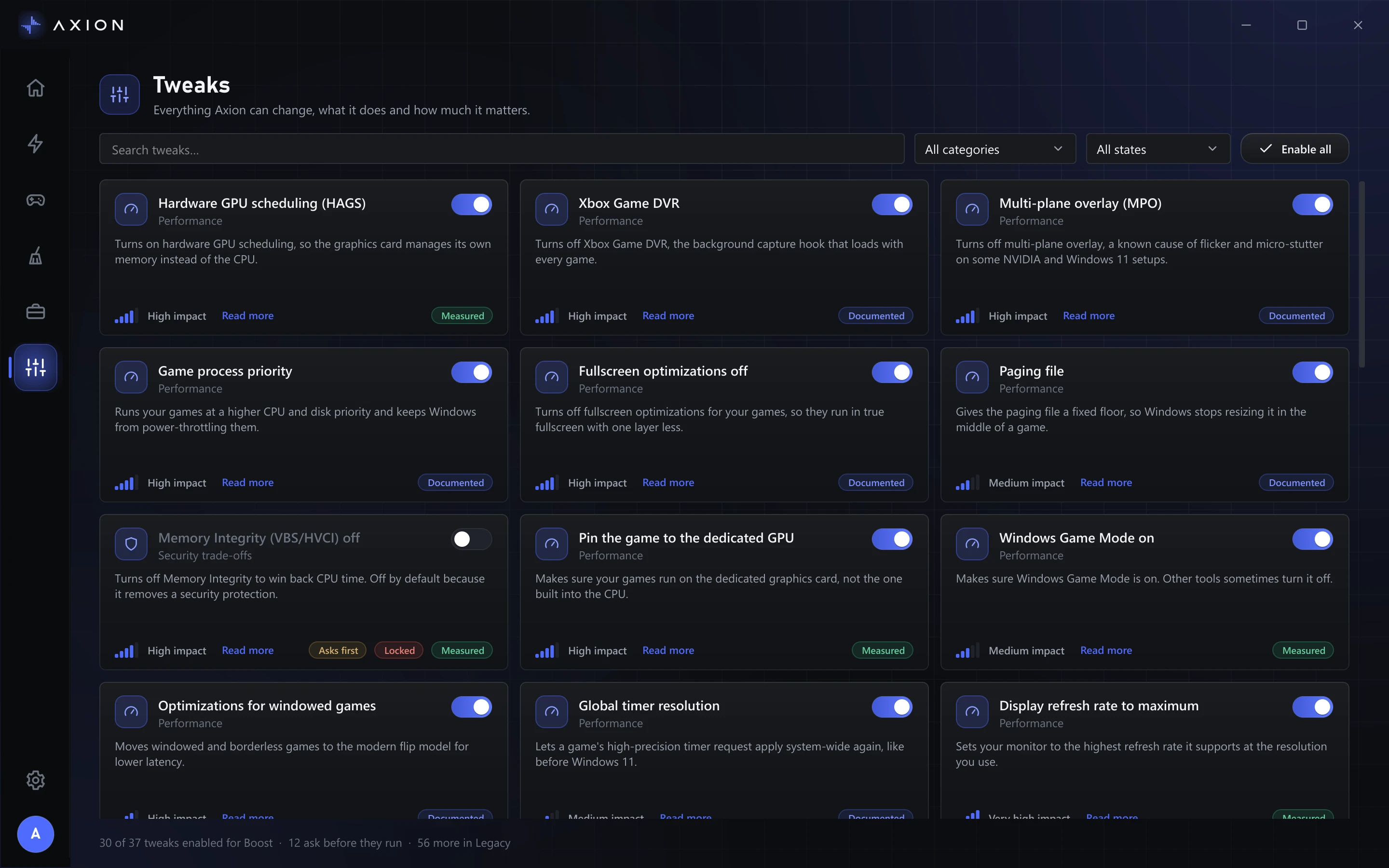 Axion's tweaks screen listing every tweak with its group and impact.